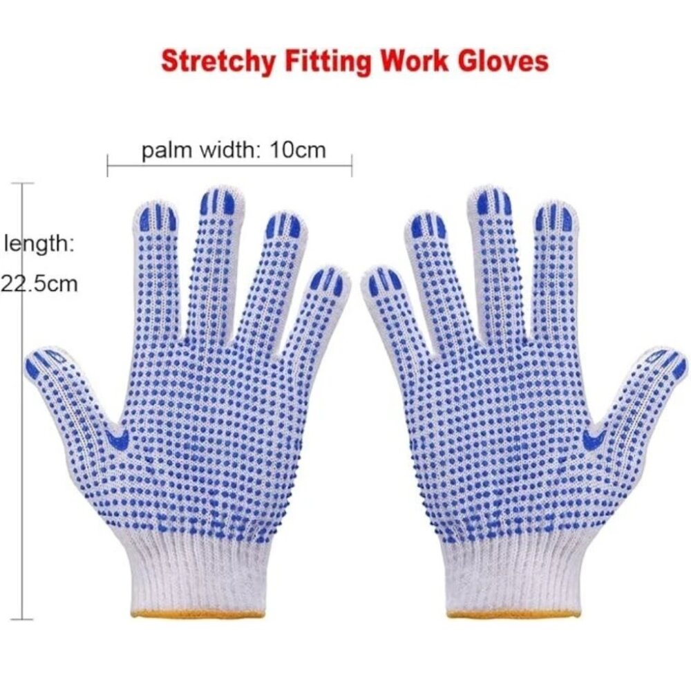 PAKNADA Cotton Work Gloves 12Pairs Blue PVC Dots Reusable Anti-Slip Durable Grip - Picture 7 of 7